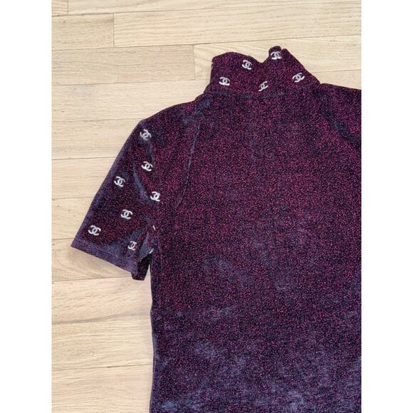 Chanel 20N Navy Blue Fuchsia Pink Silver Sequin CC Logo Stretch Top T Shirt 38 - Picture 16 of 16